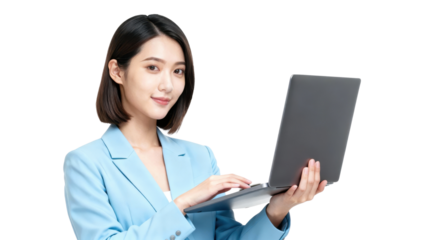 Professional woman using a laptop with a confident smile.