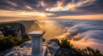 Breathtaking mountain vista at sunrise, an inspiring landscape with fog and golden light, perfect for travel blogs and adventure seekers wanting inspiration
