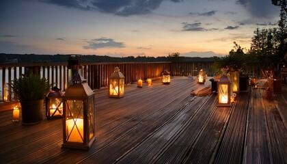 Naklejka premium Serene Evening Setting With Lanterns And Candles On A Wooden Deck