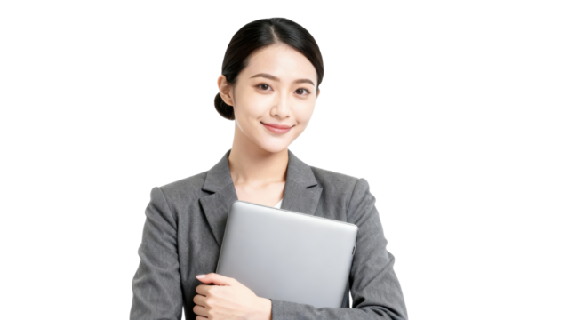 Businesswoman holding a laptop with a confident smile.