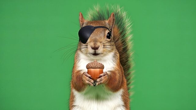 Pirate Squirrel with Eyepatch Holding Acorn on Green Background.