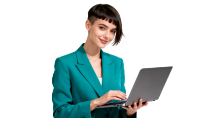 Professional woman using a laptop with a confident smile.
