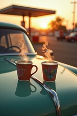 Two steaming coffee cups rest on the hood of a classic car. A retro gas station behind is bathed in the soft light of sunrise
