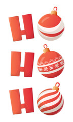 Vector illustration of christmas toy in ho ho ho frase. Merry Christmas, New Year concept. Holiday typography for cards, posters, or winter design projects.