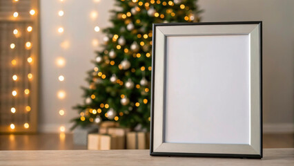 A beautifully decorated room showcases a Christmas tree adorned with lights and ornaments. A blank frame sits on a wooden table, inviting family memories this New Year 2026