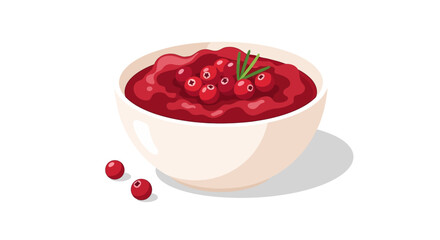 A simple yet appealing flat design illustration of a bowl filled with bright red cranberry sauce, a classic Thanksgiving side dish. This clean, modern graphic highlights the festive food.