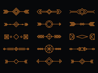 1. art deco dividers and decorative golden headers collection with elegant geometric line ornaments, luxury gold border elements, vintage divider design and modern vector frame decoration for invitati