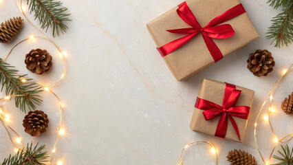 Festive preparations are underway with beautifully wrapped presents adorned with red ribbons. Pine cones and twinkling lights surround the gifts, creating a warm holiday atmosphere