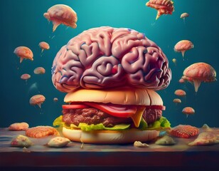 brain floats above delicious burger symbolizing craving and the power food has over our minds in a playful imaginative composition