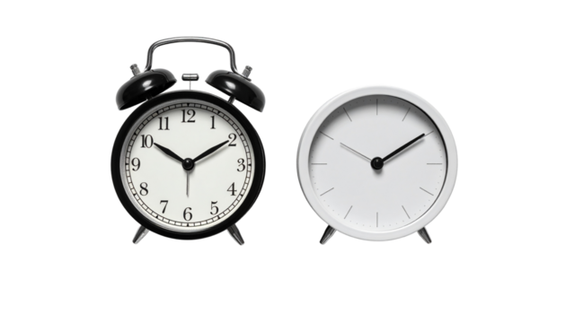 Vintage and Modern Round Alarm Clocks isolated on transparent background