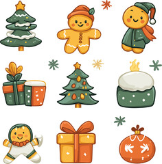 Naklejka premium A colorful set of Christmas and winter holiday icons including a tree, snowman, gift, Santa hat, and other decorations to celebrate the New Year