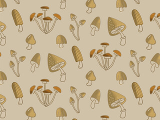 Autumn watercolor seamless pattern of fall doodles mushrooms. Hand drawing doodles of vector botanical elements