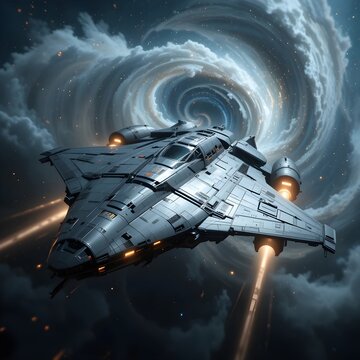 Futuristic spaceship crossing mysterious cosmos glowing vortex cloud stars