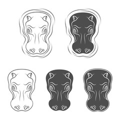 Set of black and white illustrations with hippopotamus. Isolated vector objects on white background.