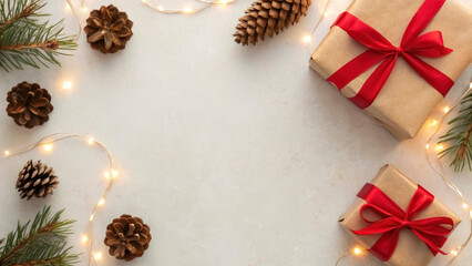 Festive presents wrapped in brown paper with red ribbons are surrounded by pine cones and twinkling lights. This scene captures the spirit of New Year and Christmas celebrations in 2026