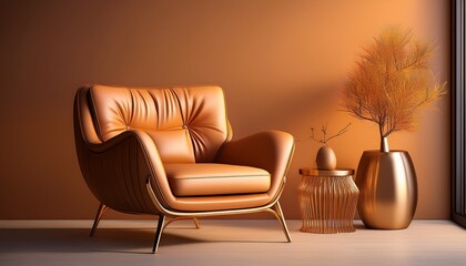 the comfort of home hazy light leather chair and the warmth of light orange and bronze minimalist generative ai
