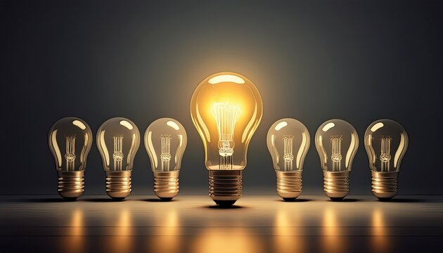 one illuminated light bulb standing out a row of dim light bulbs symbolizing and creativity innovation unique ideas