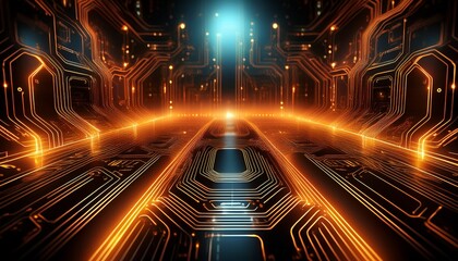 glowing circuit board pathways with orange lights technology electronic