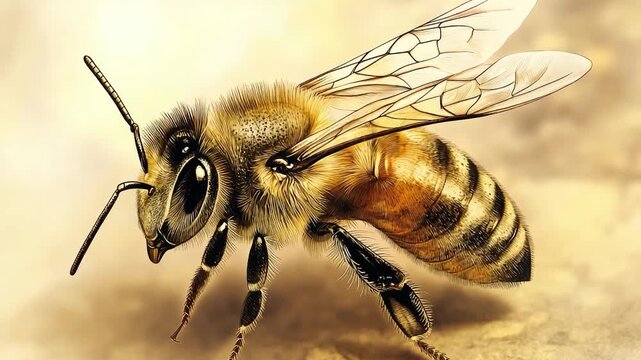 A close-up view of a bee sitting on a table, focusing on its details