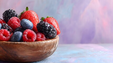 Wooden bowl filled with fresh strawberries blueberries raspberries and blackberries with water droplets