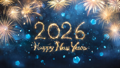 2026 Happy New Year Celebration - Fireworks And Glitter In Blue Eve Night