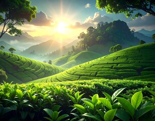 Lush green landscape of rolling hills, sunlight, and tea plantations