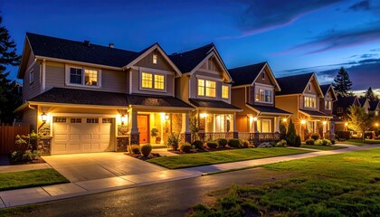 Suburban Streetscape at Twilight Illuminated Homes with Warm Interior Lights and Blue Sky Above