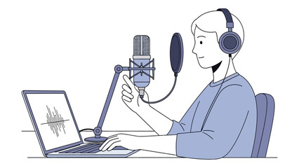 Man recording podcast with microphone and laptop flat vector illustration for audio content creation isolated on white background