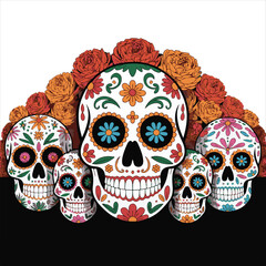 Vibrant Day of the Dead Sugar Skulls Family with Marigold Flowers - Vector
