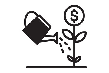 Watering can pouring water onto a money plant symbol representing financial growth and investment isolated on white background