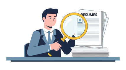 Man reviewing resumes with a magnifying glass vector illustration of job search and recruitment process isolated on white background
