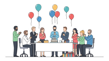 Group of diverse business people celebrating a birthday with balloons and cake flat vector illustration for corporate events and team building activities