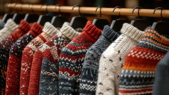 Row of sweaters hung on a rack, various colors and styles