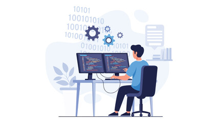 Software developer working on code vector illustration of programmer at desk with dual monitors concept for application development and debugging