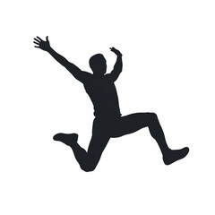 Dynamic Silhouette of a Man Jumping Mid-Air with Arms Raised in Celebration, Vector Graphic for Sports, Victory, and Success Concepts, Isolated on White Backdrop