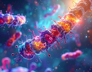 Highly detailed, vibrant digital rendering of microscopic biological structures