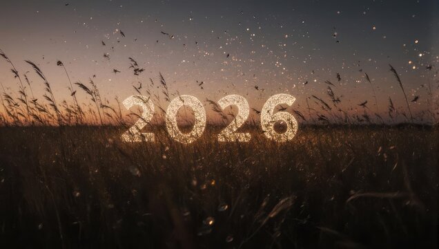 Golden 2026 Over Field at Sunset - A Year of Hope and New Beginnings.