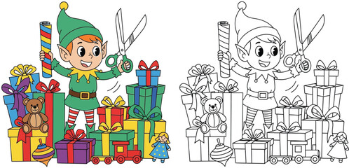 Cheerful Christmas Elf with Presents and Wrapping Supplies - A Festive Holiday Illustration for Kids