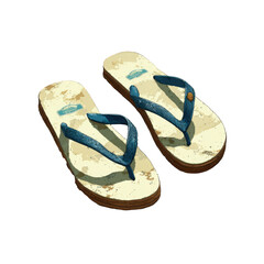 Sandy flip-flops pair, casual footwear, brown soles, blue straps