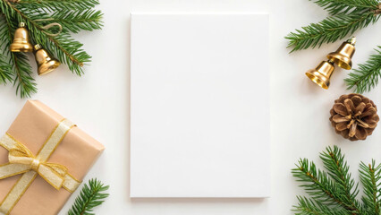 Surrounded by festive greenery, a blank canvas rests on a table. A beautifully wrapped gift is nearby, setting the scene for New Year and Christmas celebrations in 2026