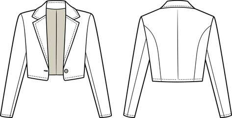 Cropped blazer jacket flat sketch, technical fashion illustration, front and back view, single-button closure, notched lapel, princess seams, garment design vector