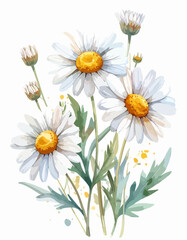 Watercolor painting of delicate white daisies with yellow centers and green leaves.