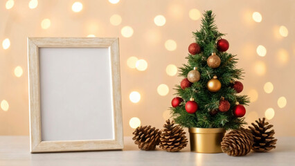 A small Christmas tree stands next to a blank frame on a table, surrounded by pinecones. The soft glow of holiday lights in the background creates a warm and inviting atmosphere