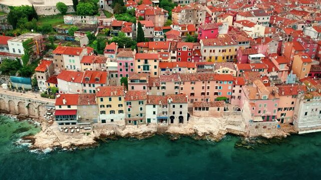 Aerial panorama of Croatian landmark, old town Rovinj and the cathedral of St. Euphemia, Istria, Croatia.
