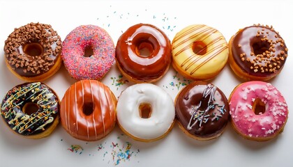 delicious looking assorted donuts with different toppings on a transparent white background and in format