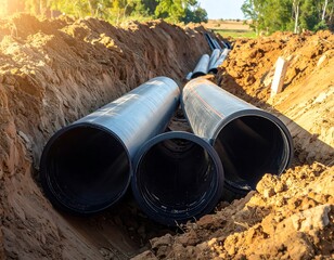 Large diameter pipes laid in a trench for construction project