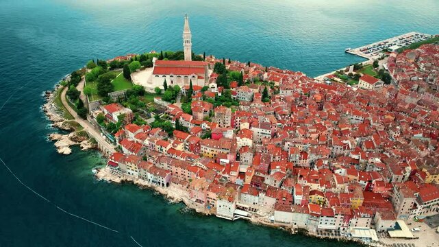 Aerial panorama of Croatian landmark, old town Rovinj and the cathedral of St. Euphemia, Istria, Croatia.