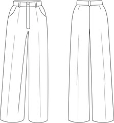 Wide-leg pants technical sketch, front and back view, fashion design, garment construction, pattern making, vector illustration, tailored seam detail, designer reference