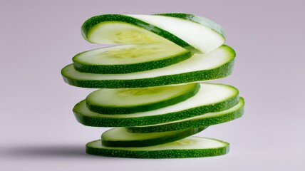 Thin cucumber slices arranged with precision. Light green hues accented with soft shadows create fresh ambiance. Isolated on clean white surface. Neural network AI generated