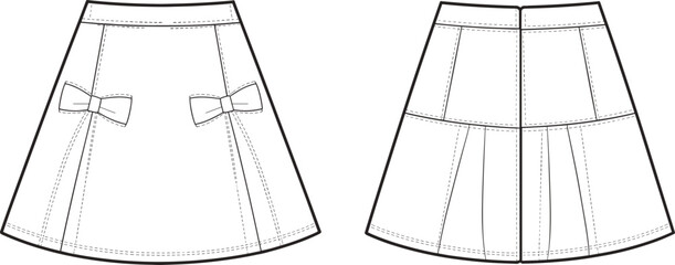 Women's A-line skirt technical sketch, front and back view, bow detail, pleat seams, fashion flat drawing, garment construction, vector apparel template